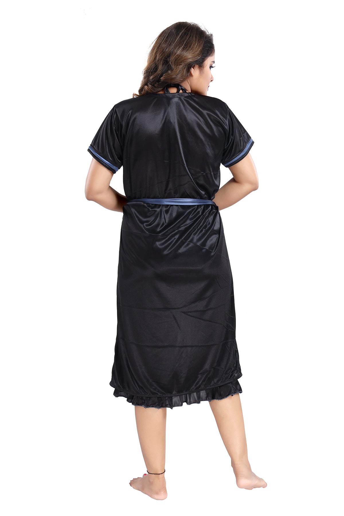 Steel Blue Solid Satin Nighty & Robe Set with Short Sleeves for Women