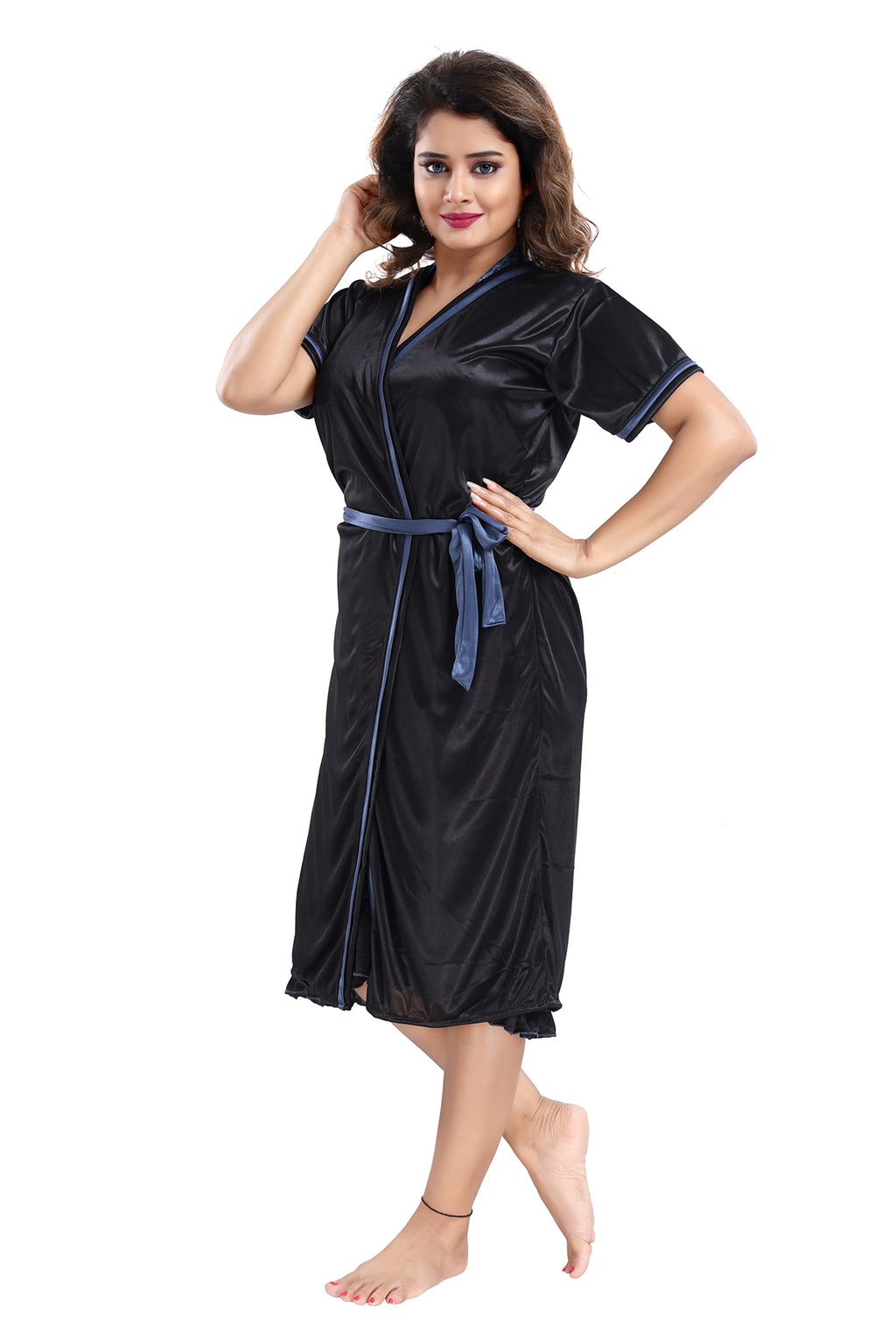 Steel Blue Solid Satin Nighty & Robe Set with Short Sleeves for Women