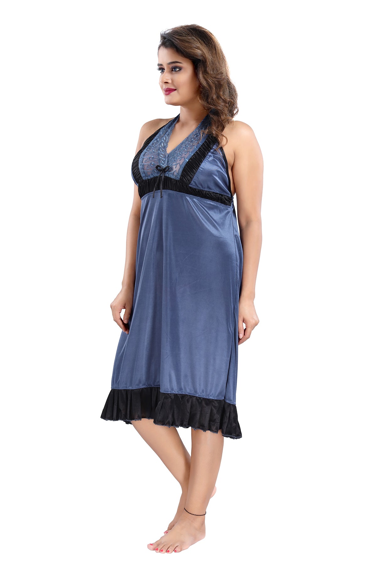 Steel Blue Solid Satin Nighty & Robe Set with Short Sleeves for Women