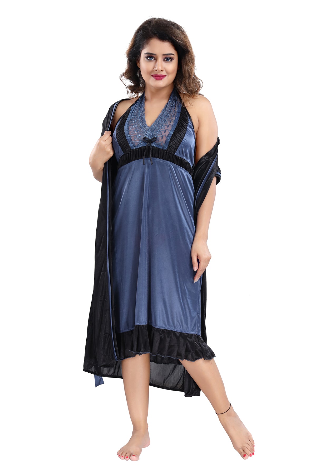 Steel Blue Solid Satin Nighty & Robe Set with Short Sleeves for Women