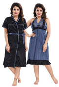 Steel Blue Solid Satin Nighty & Robe Set with Short Sleeves for Women