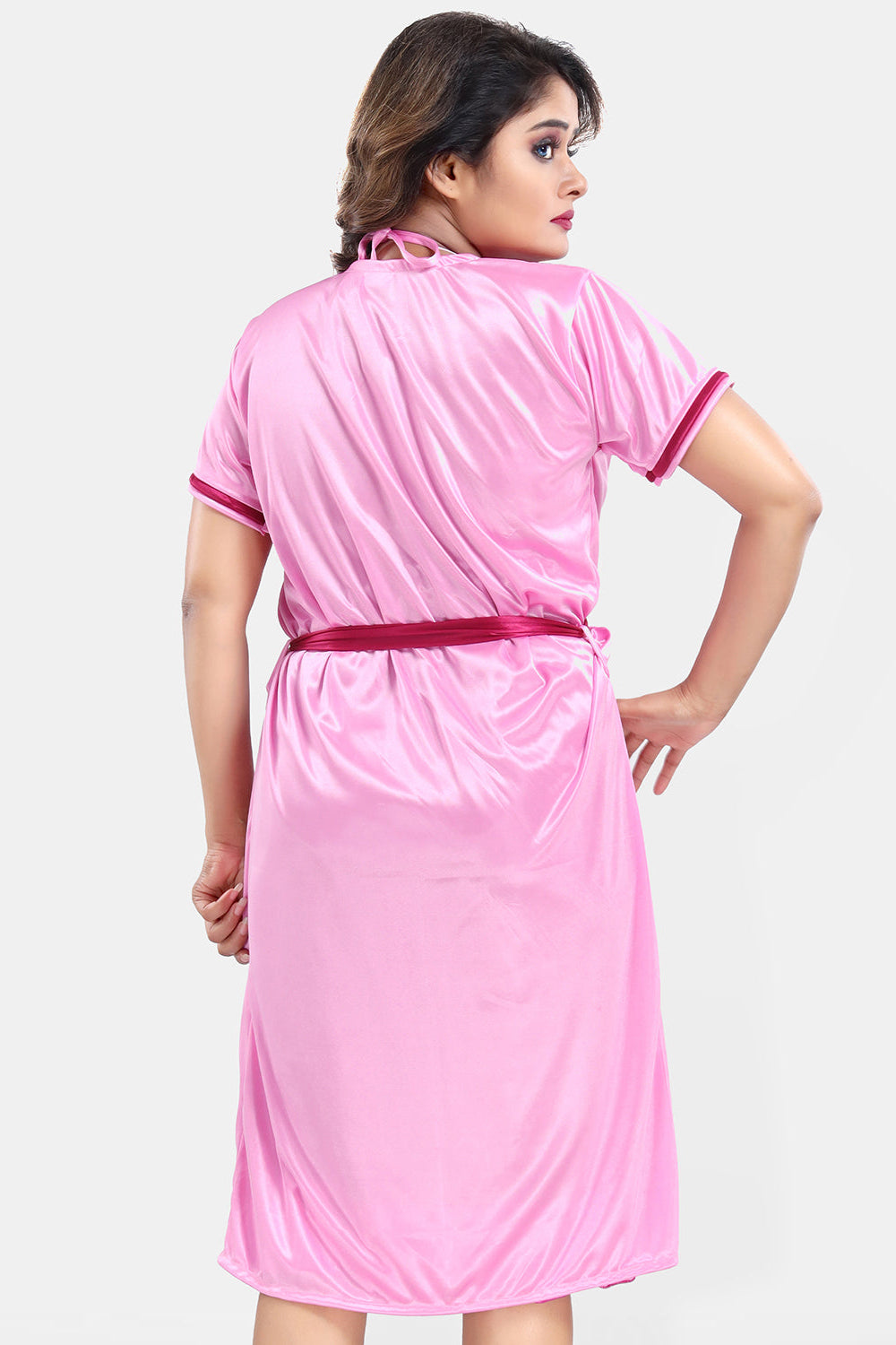 Magenta Satin Solid Nighty with Robe Set for Women – Short Sleeves