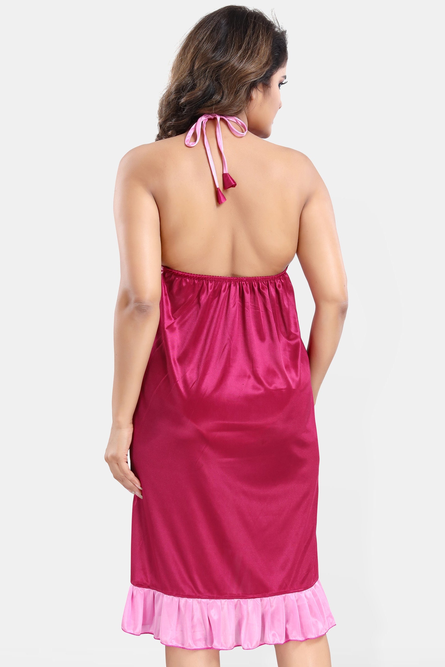 Magenta Satin Solid Nighty with Robe Set for Women – Short Sleeves