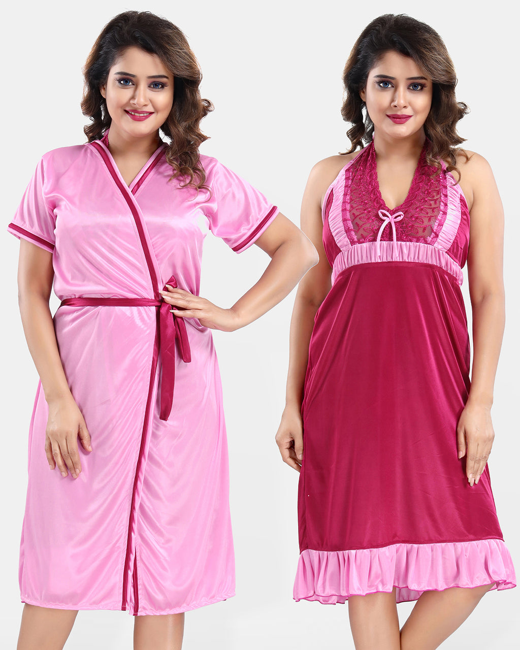 Magenta Satin Solid Nighty with Robe Set for Women – Short Sleeves