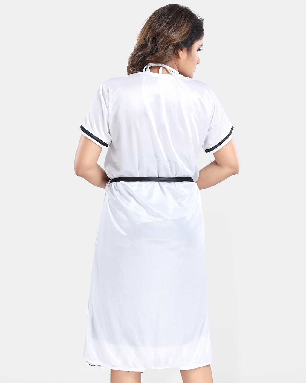 White Satin Solid Short Sleeves Pack of 1 Nighty & Robe for Women