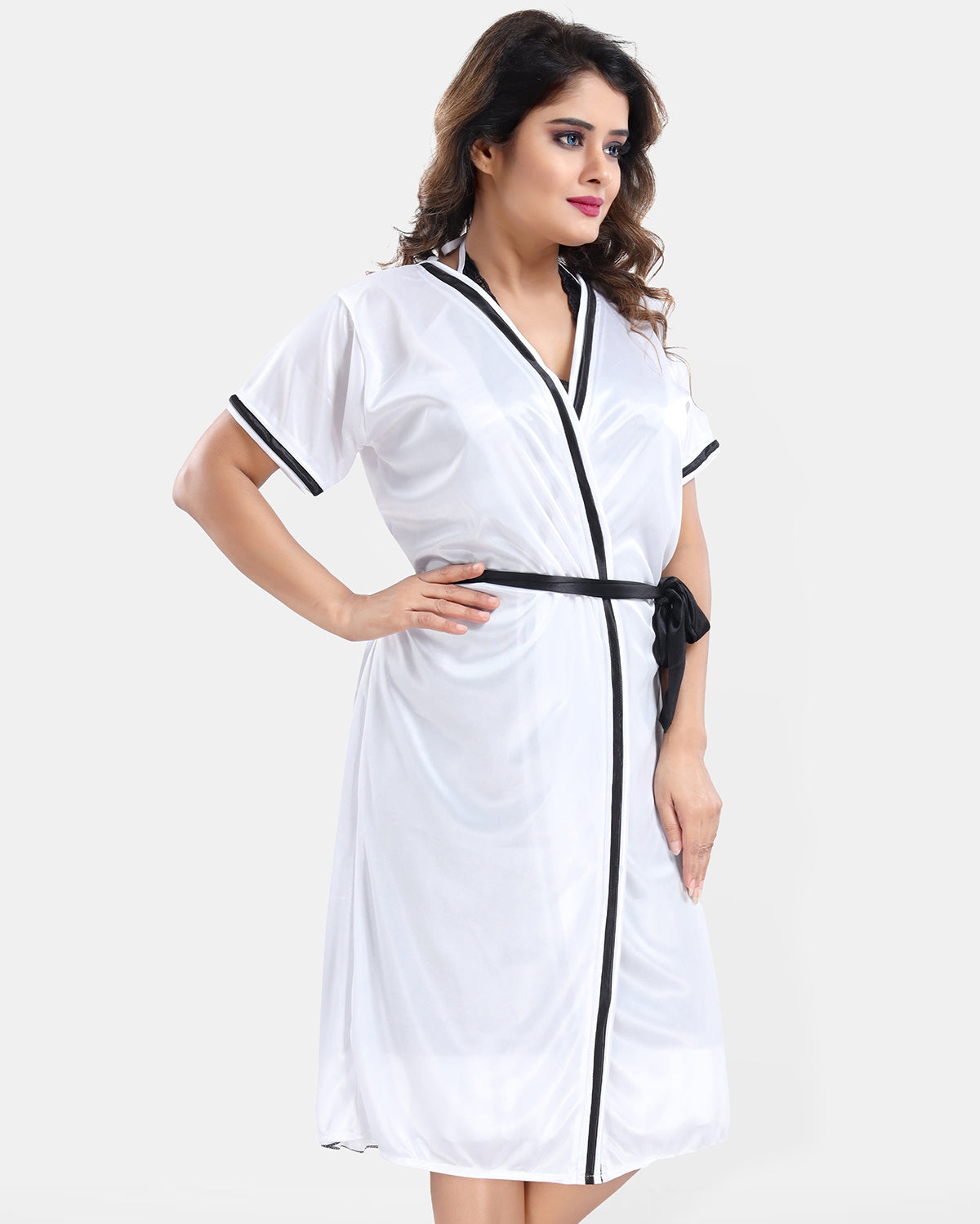 White Satin Solid Short Sleeves Pack of 1 Nighty & Robe for Women