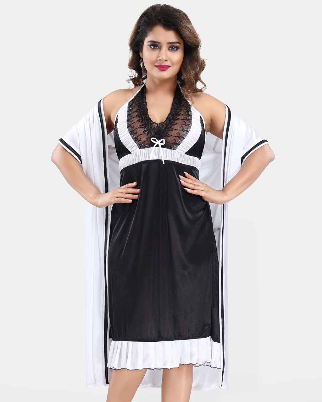White Satin Solid Short Sleeves Pack of 1 Nighty & Robe for Women