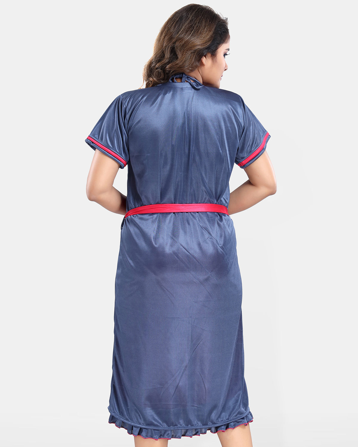Pink Satin Solid Short Sleeves Pack of 1 Nighty & Robe for Women