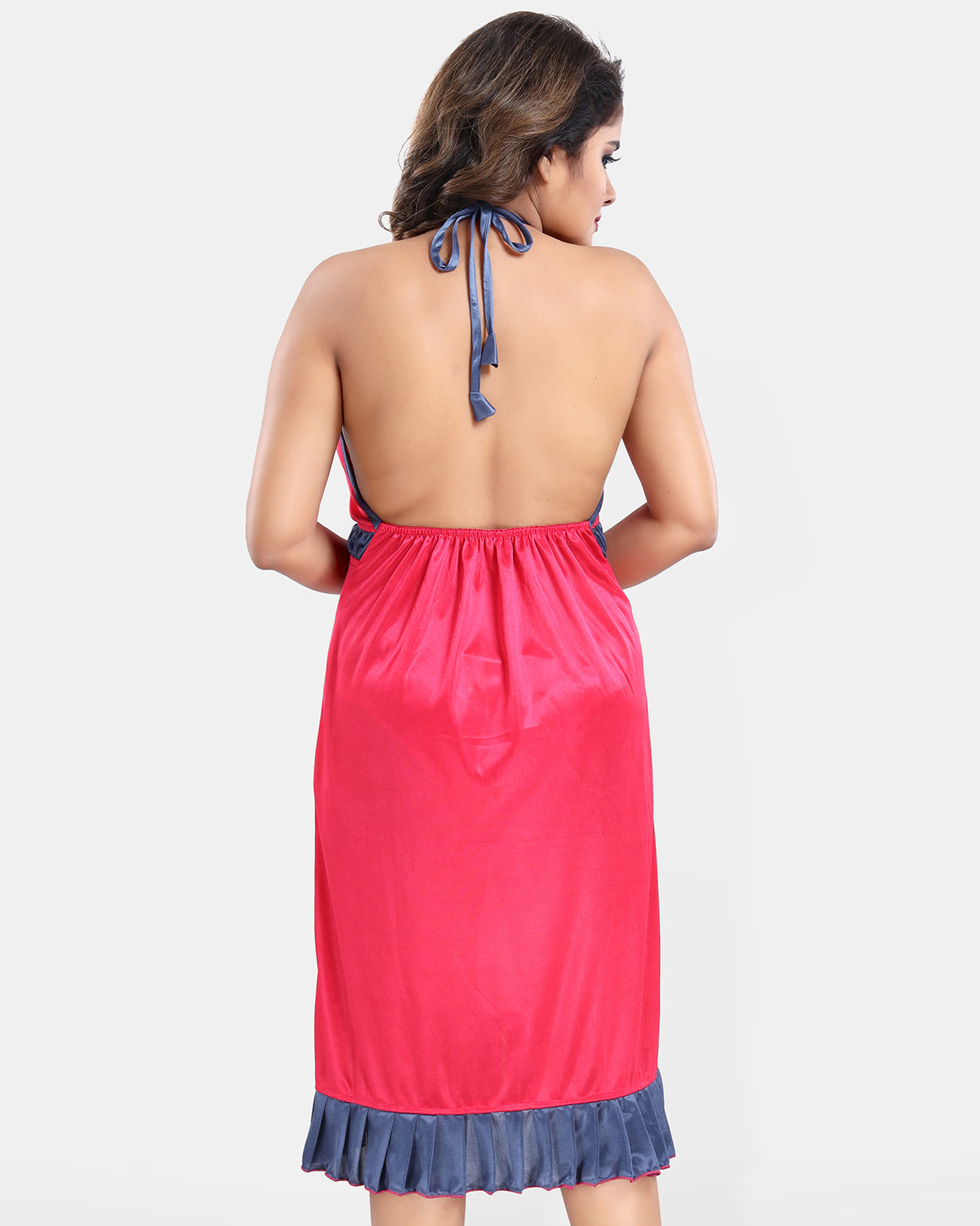 Pink Satin Solid Short Sleeves Pack of 1 Nighty & Robe for Women