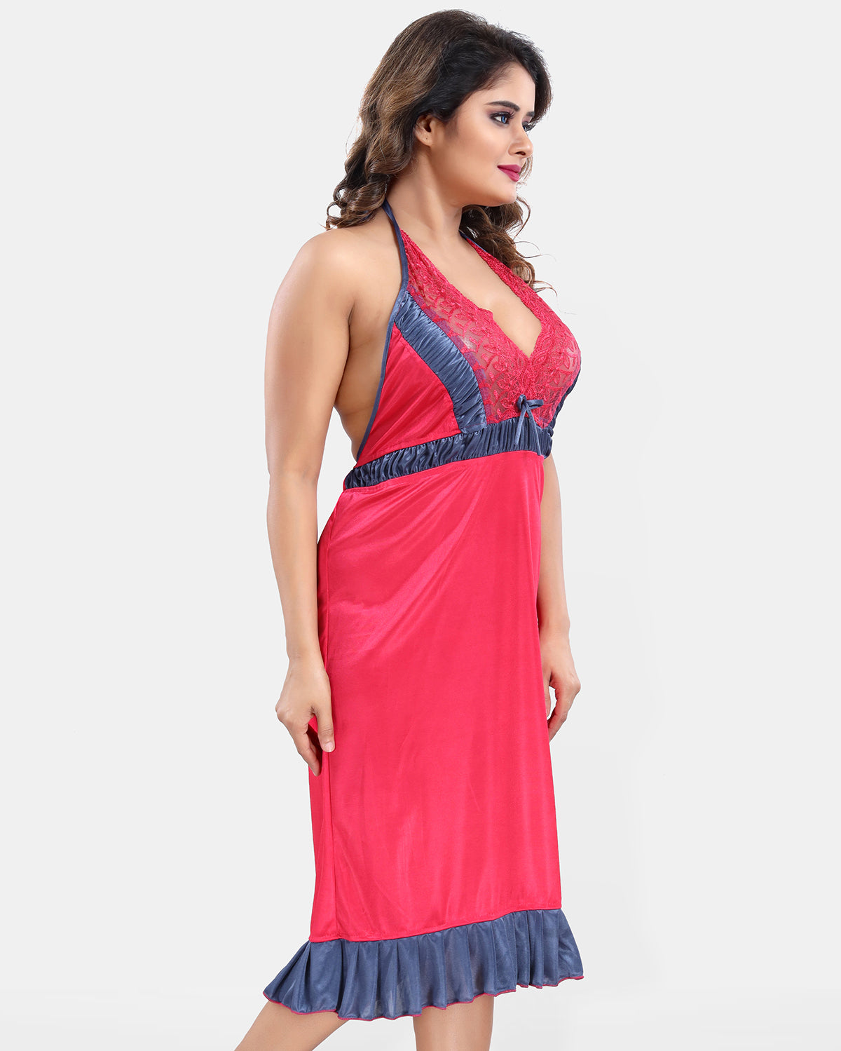 Pink Satin Solid Short Sleeves Pack of 1 Nighty & Robe for Women