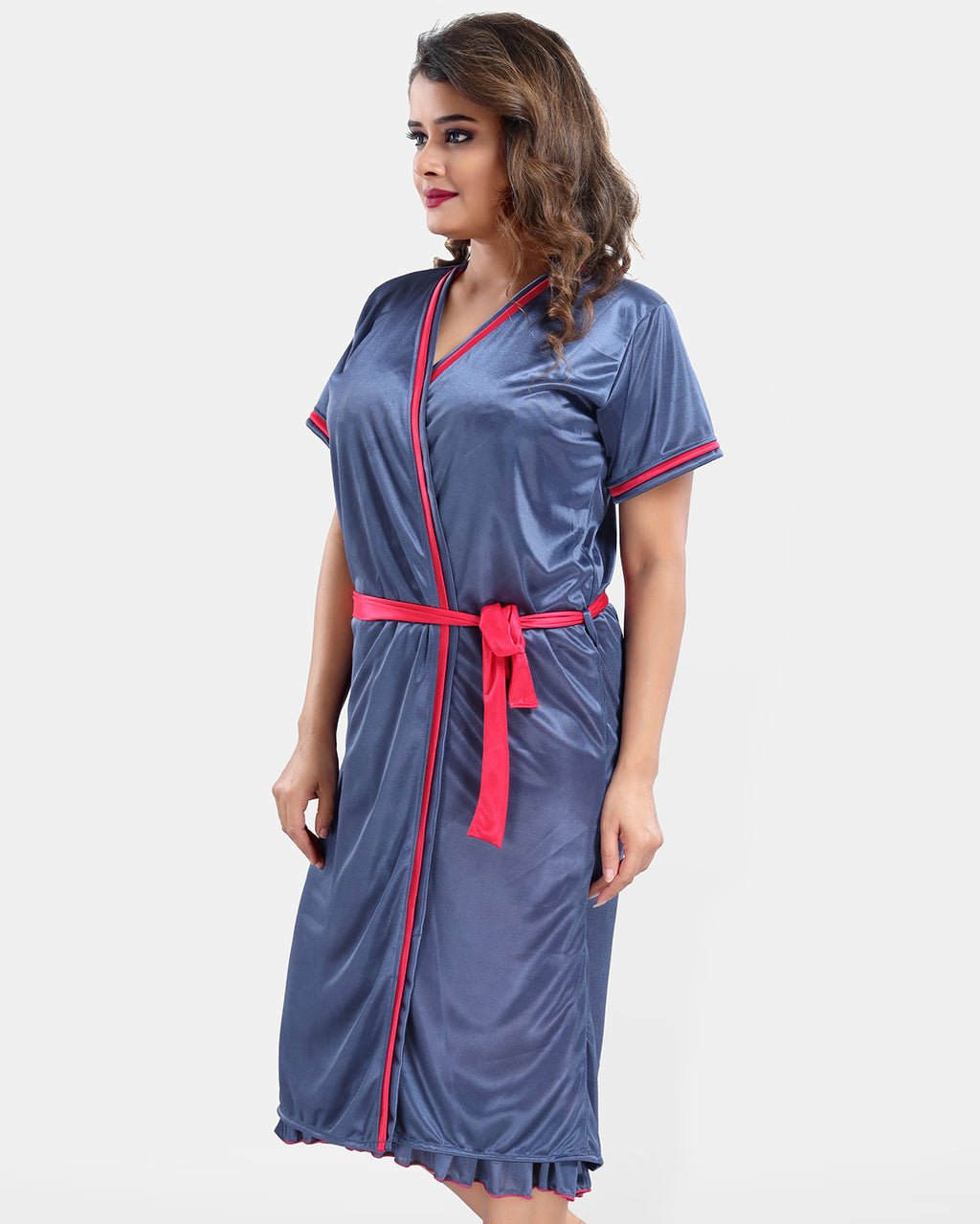 Pink Satin Solid Short Sleeves Pack of 1 Nighty & Robe for Women