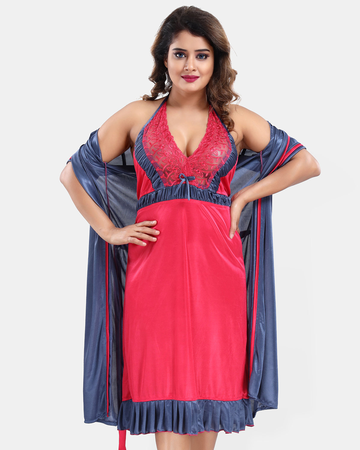 Pink Satin Solid Short Sleeves Pack of 1 Nighty & Robe for Women