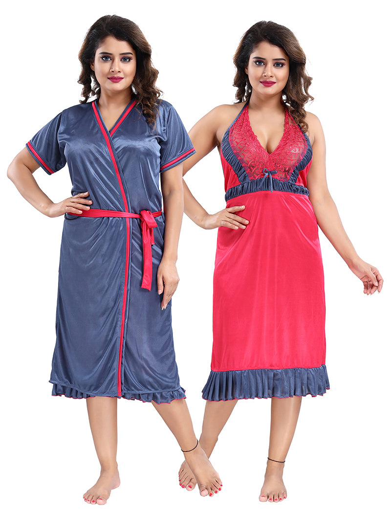 Pink Satin Solid Short Sleeves Pack of 1 Nighty & Robe for Women