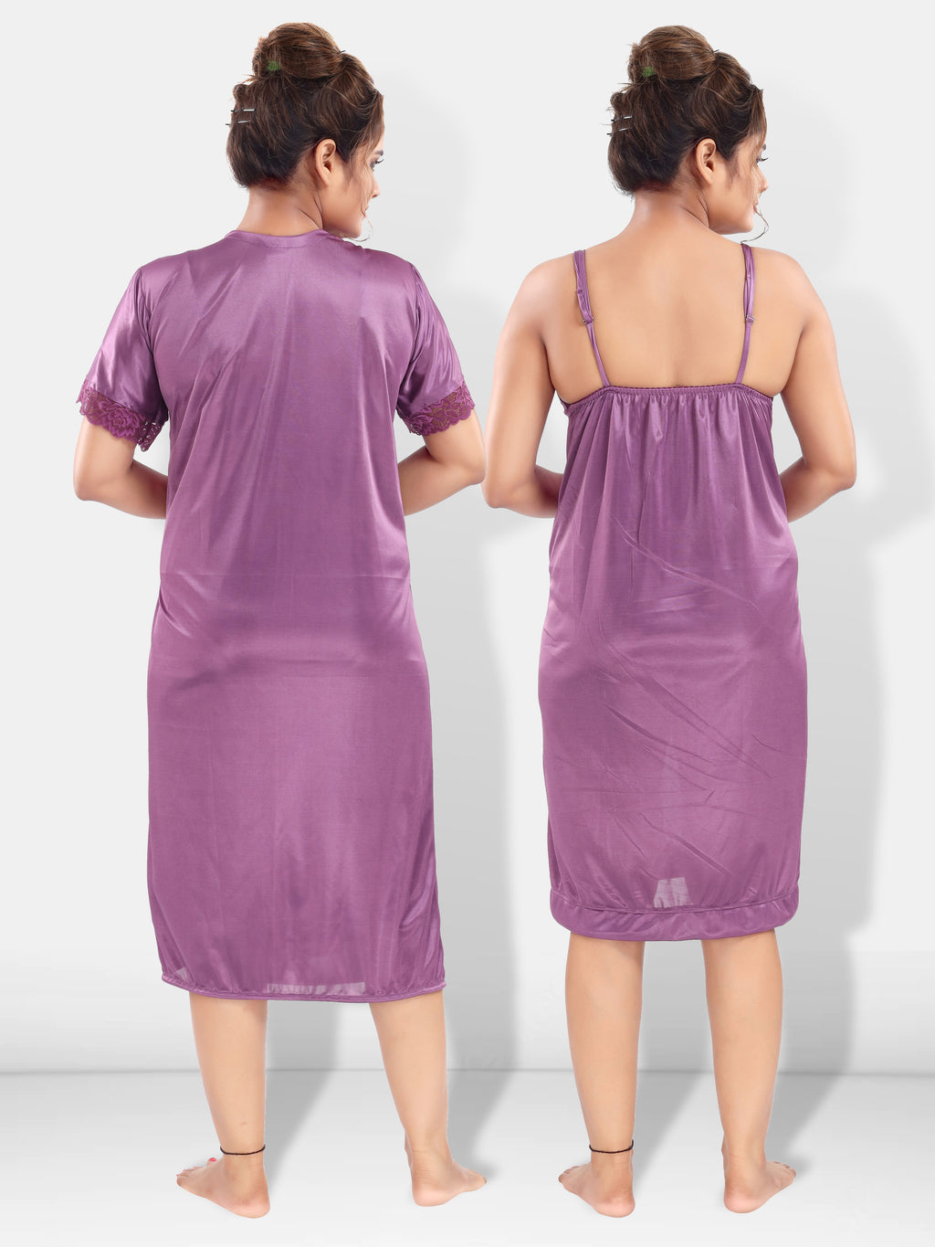Lavender Satin Solid Short Sleeves Pack of 1 Night with Robe for Women