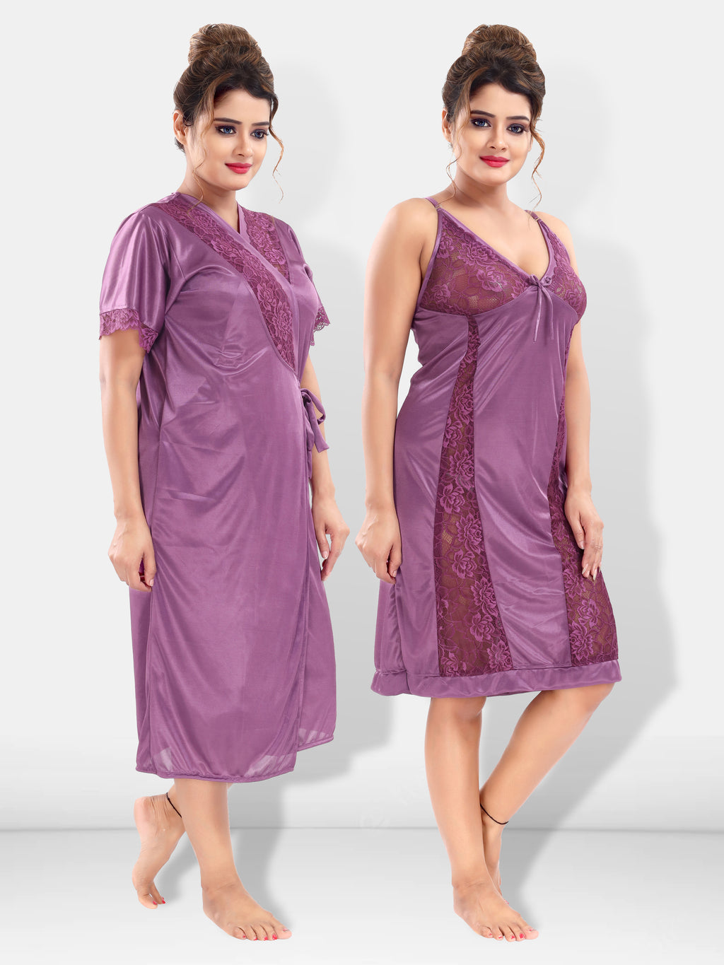 Lavender Satin Solid Short Sleeves Pack of 1 Night with Robe for Women