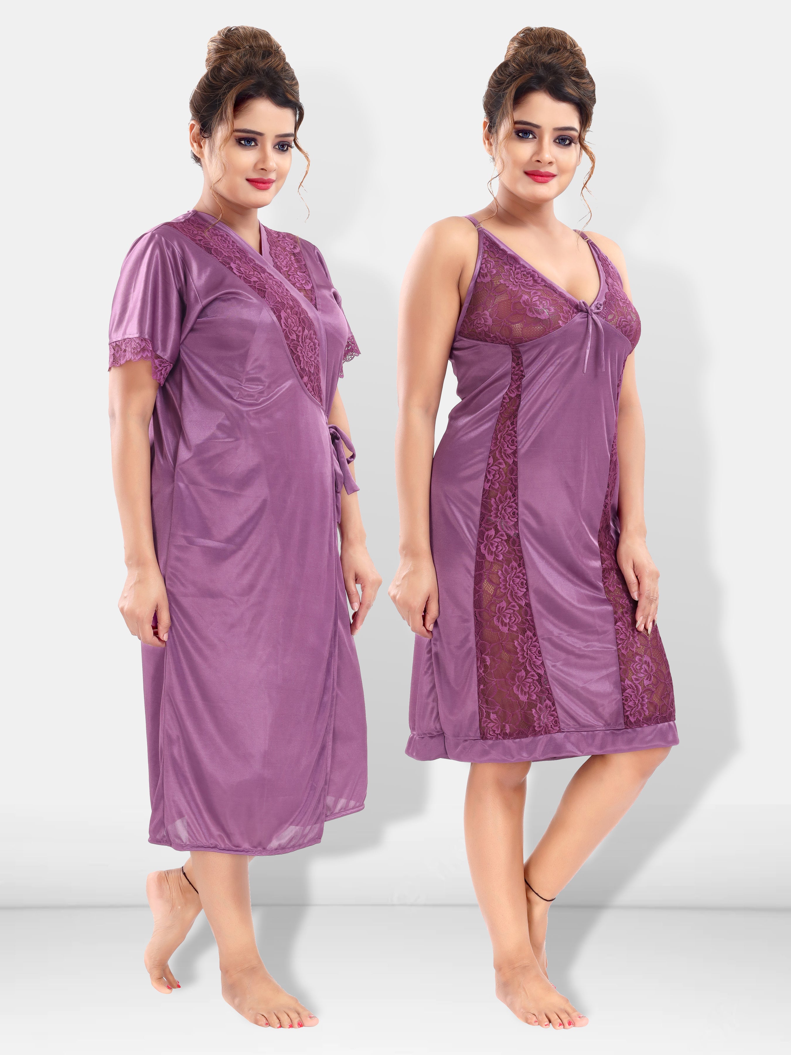 Lavender Satin Solid Short Sleeves Pack of 1 Night with Robe for Women