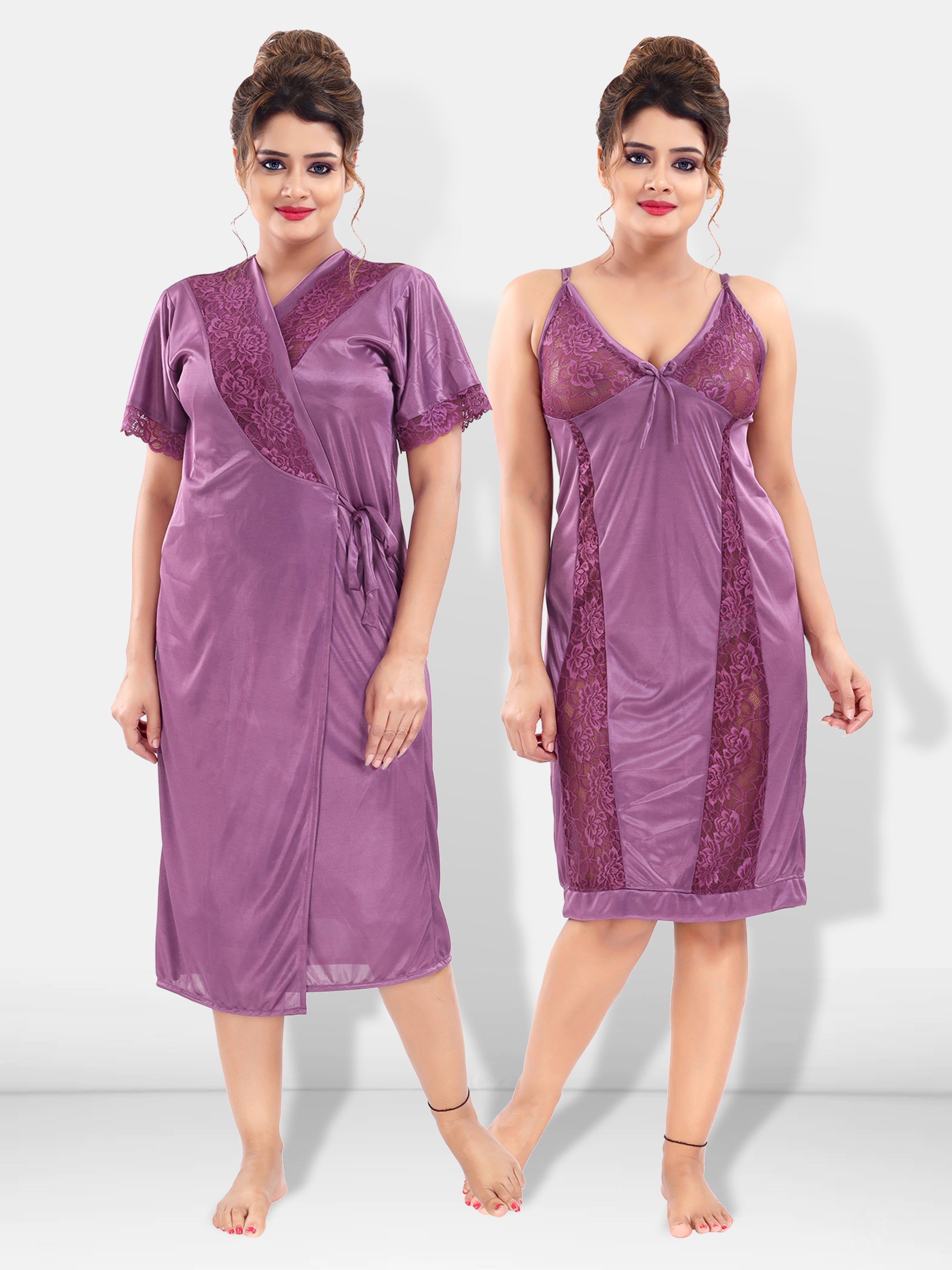 Lavender Satin Solid Short Sleeves Pack of 1 Night with Robe for Women