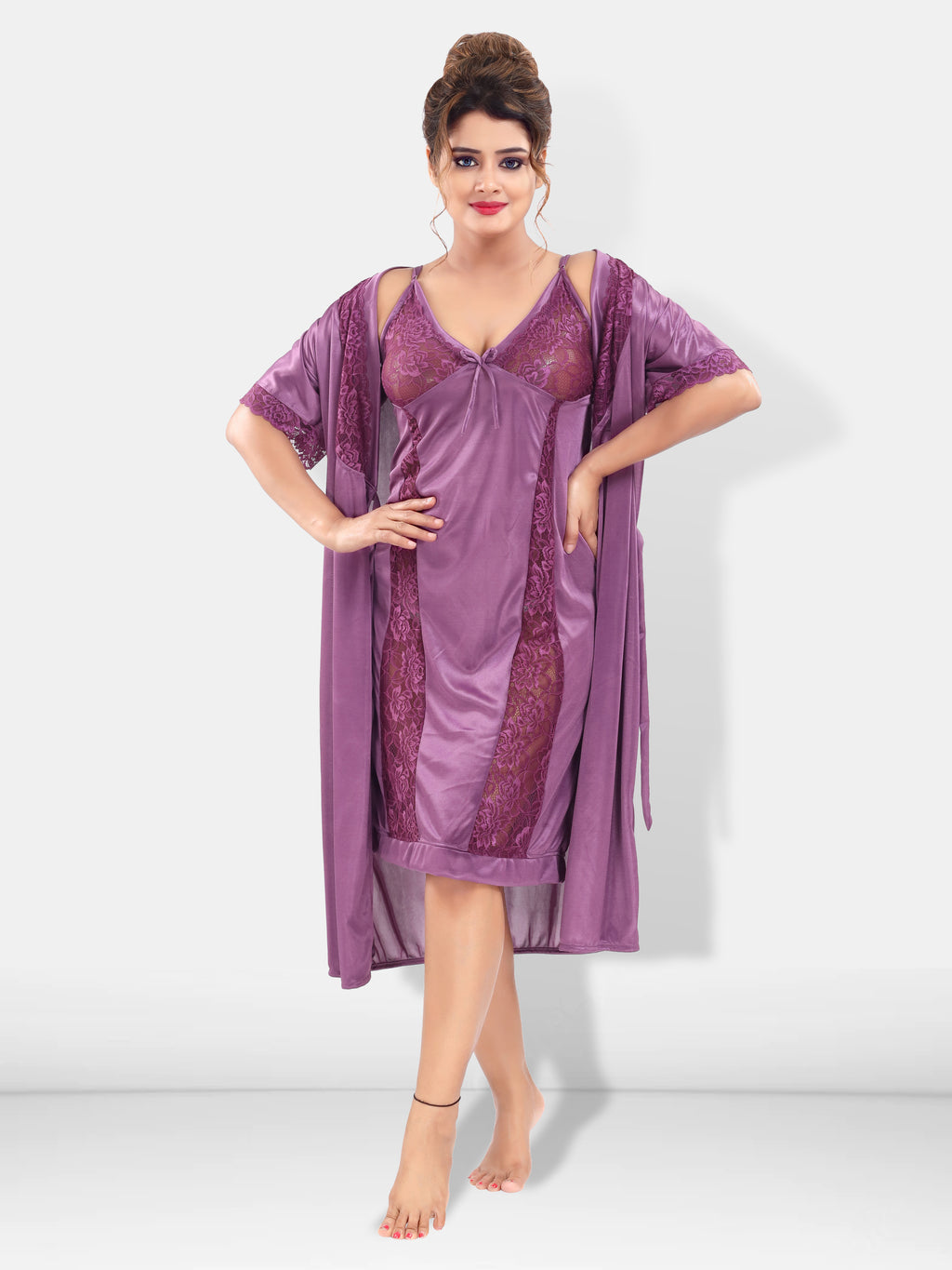 Lavender Satin Solid Short Sleeves Pack of 1 Night with Robe for Women