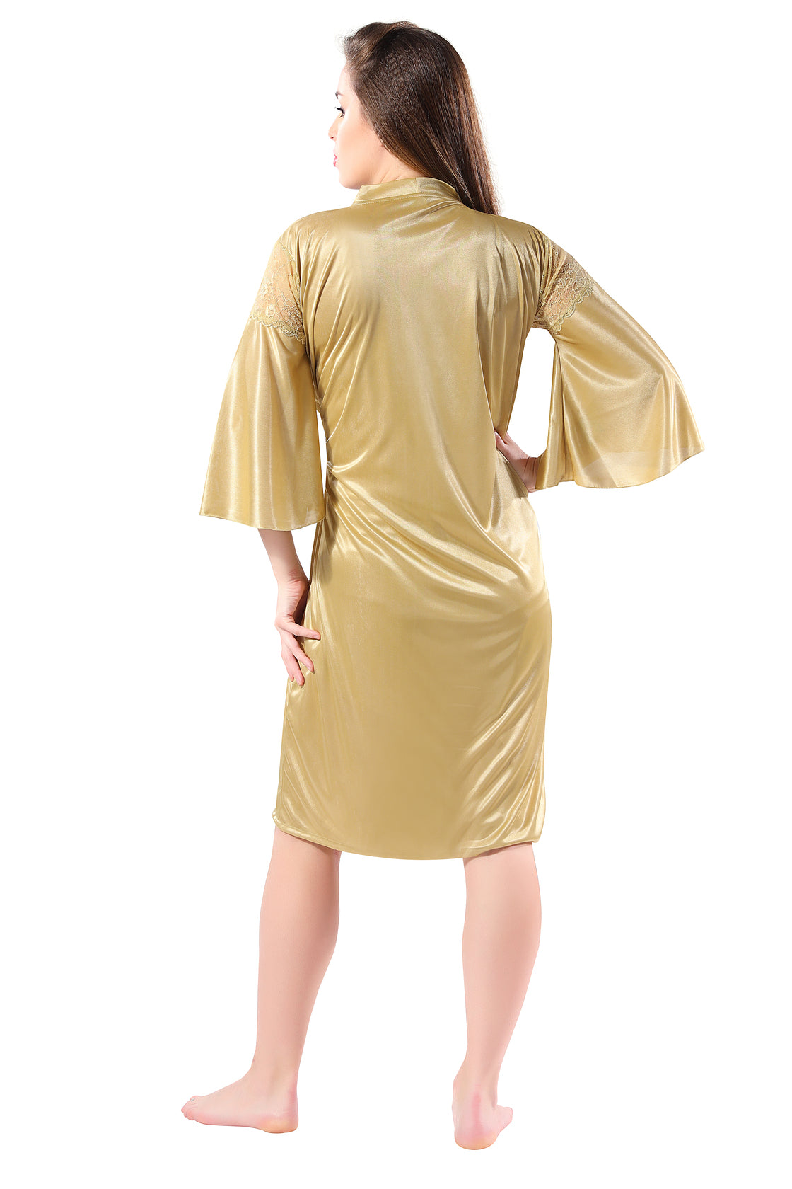 Golden Satin Solid Nighty with Robe for Women Back 2