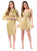 Golden Satin Solid Nighty with Robe for Women Both
