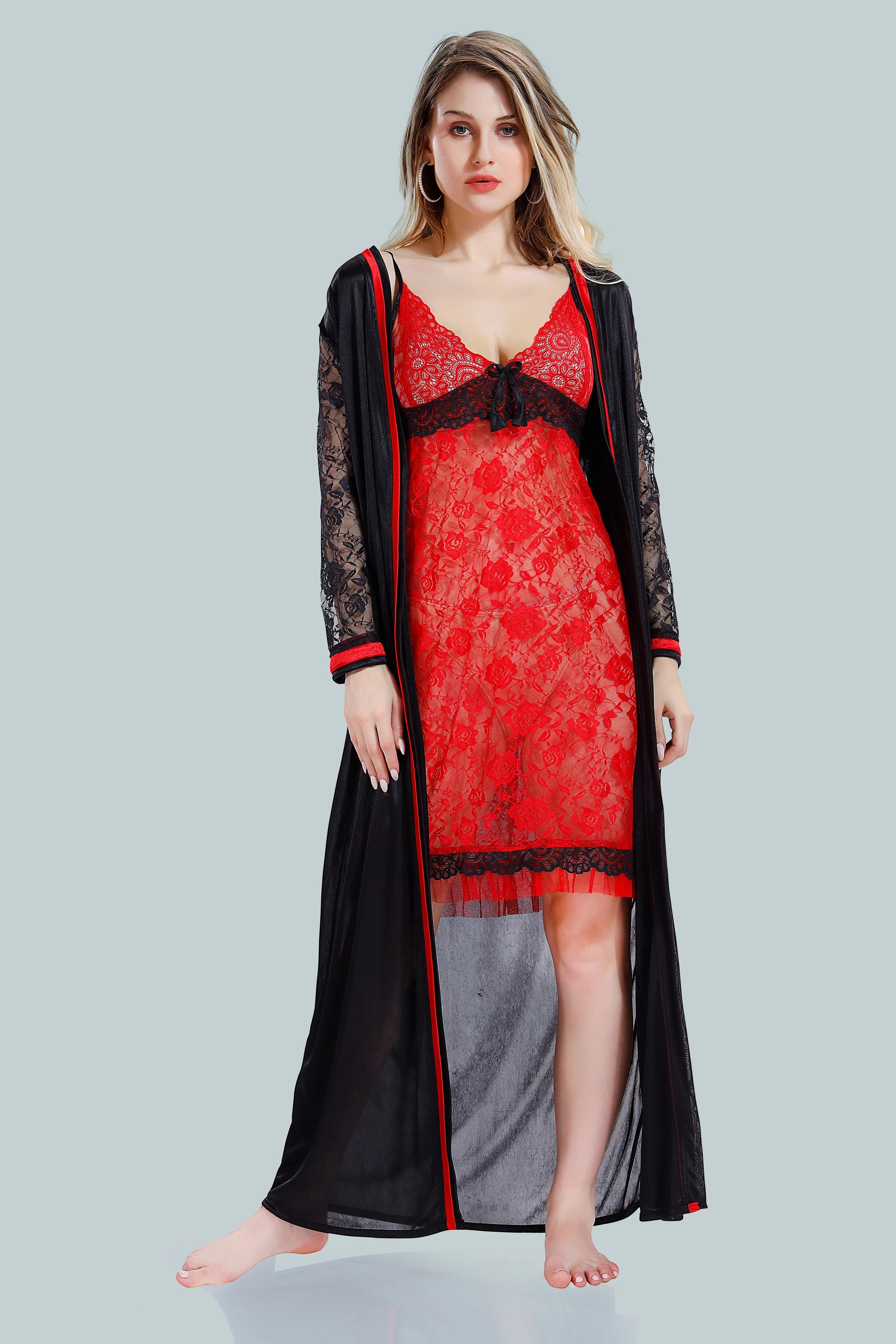 women lace nighty set with long robe
