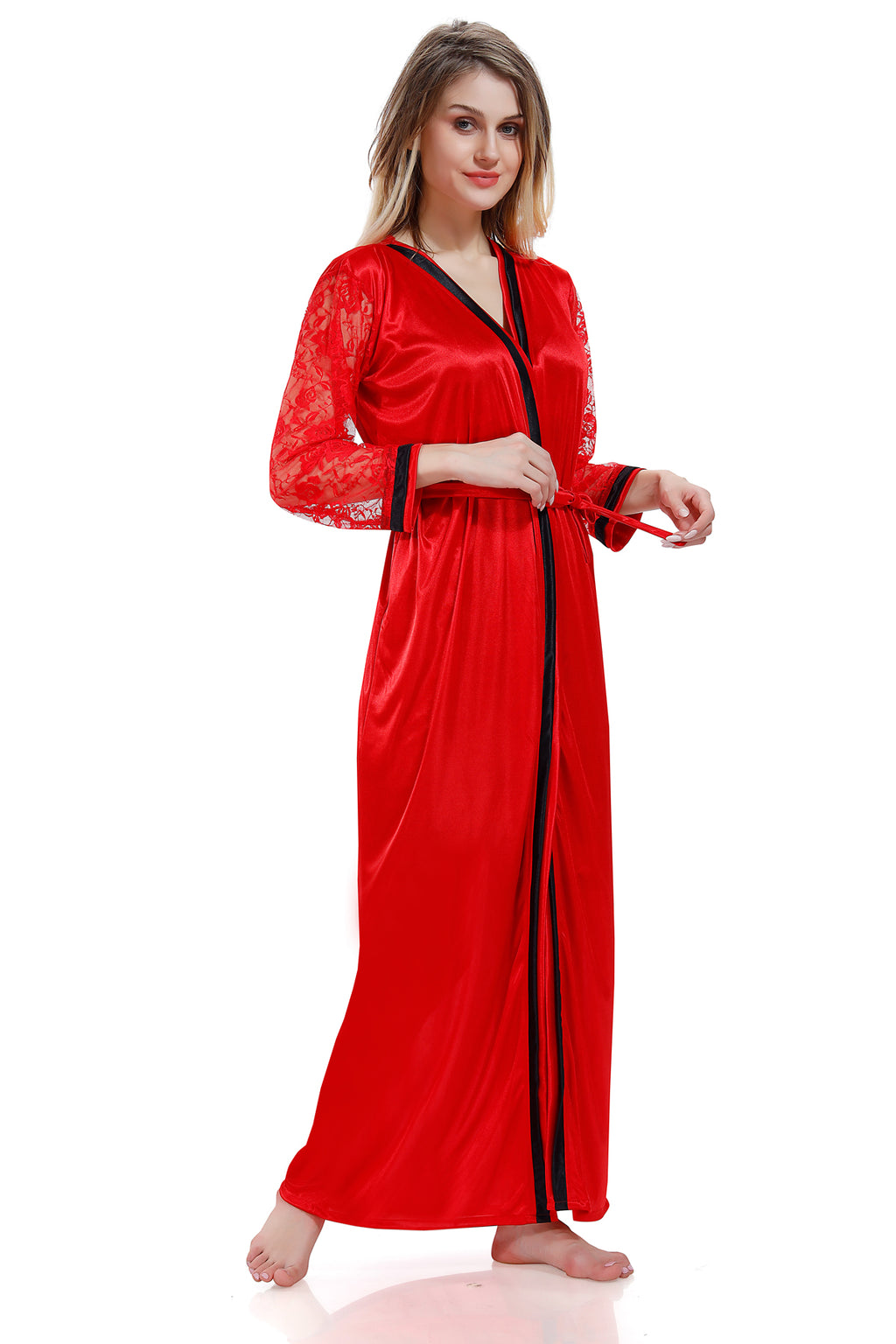 Red Black Solid Satin Nighty & Robe Set with Full Net Sleeves