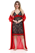Red Black Solid Satin Nighty & Robe Set with Full Net Sleeves