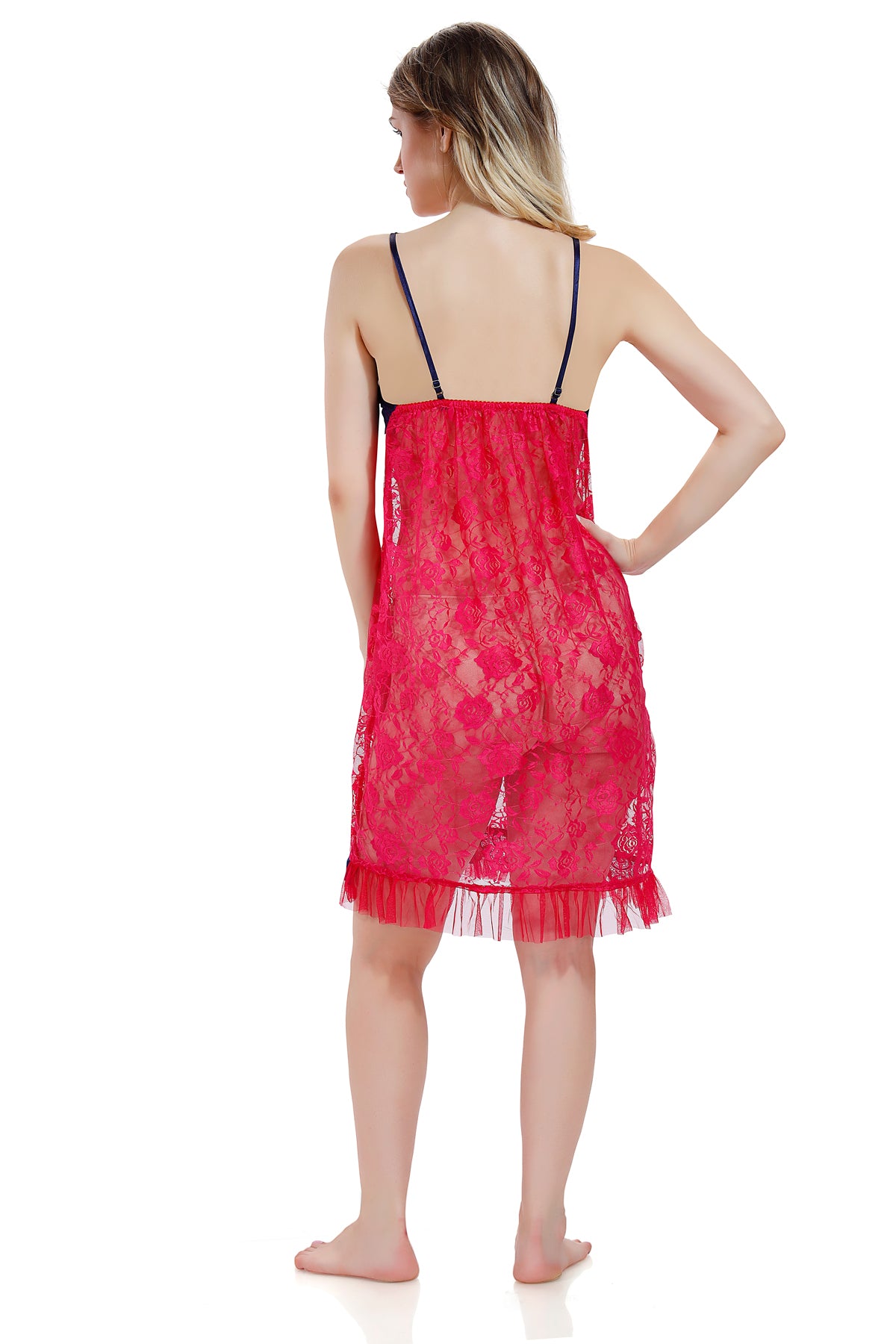 Blue Red Solid Satin Nighty & Robe Set with Full Net Sleeves