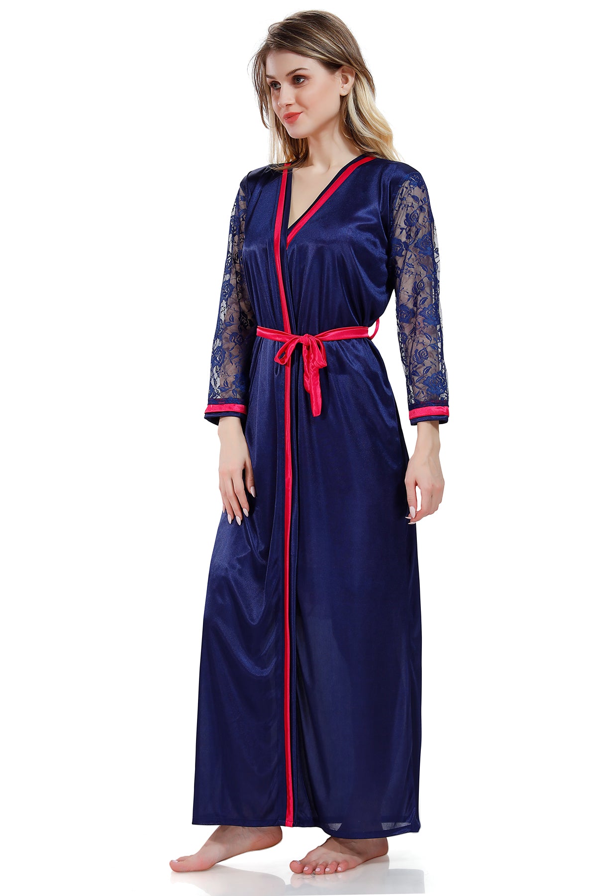 Blue Red Solid Satin Nighty & Robe Set with Full Net Sleeves