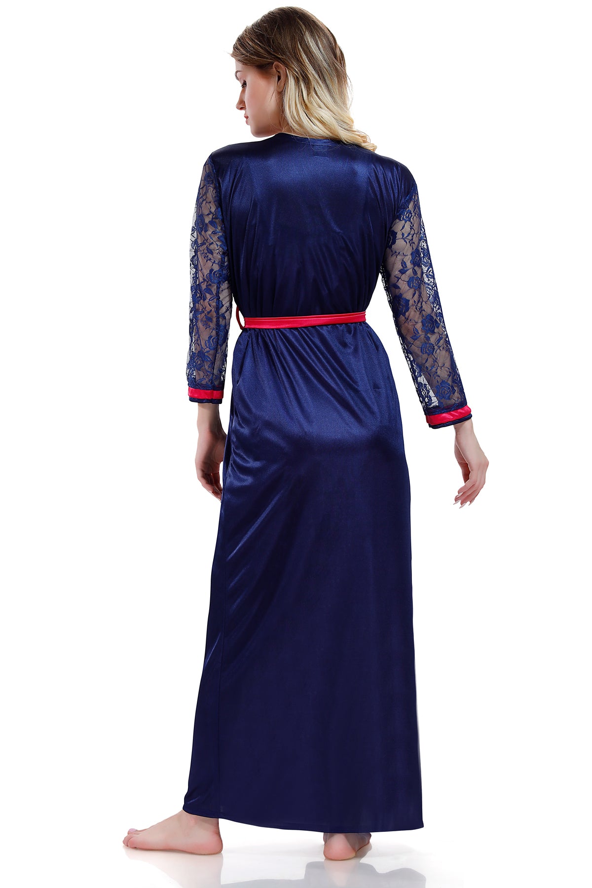 Blue Red Solid Satin Nighty & Robe Set with Full Net Sleeves