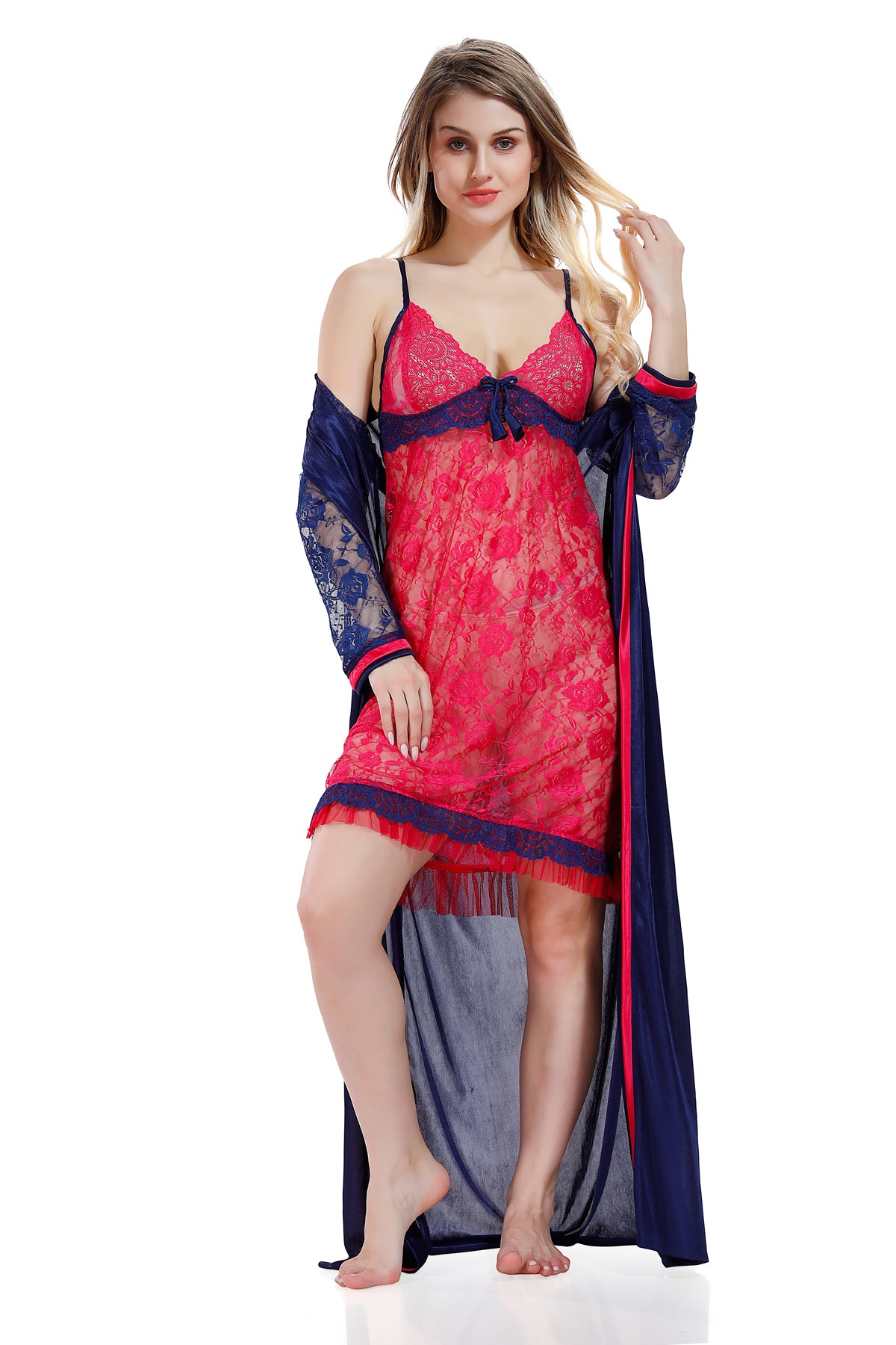 Blue Red Solid Satin Nighty & Robe Set with Full Net Sleeves