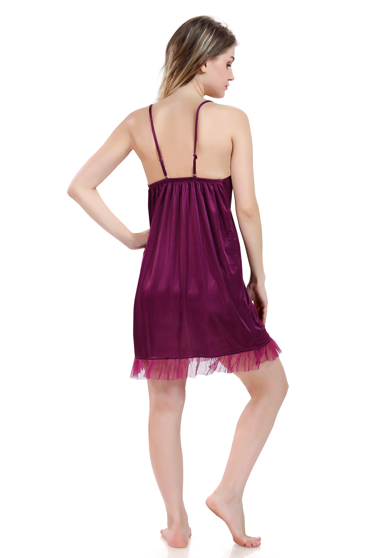 Purple Satin Solid Full Net Sleeves Nighty for Women Back