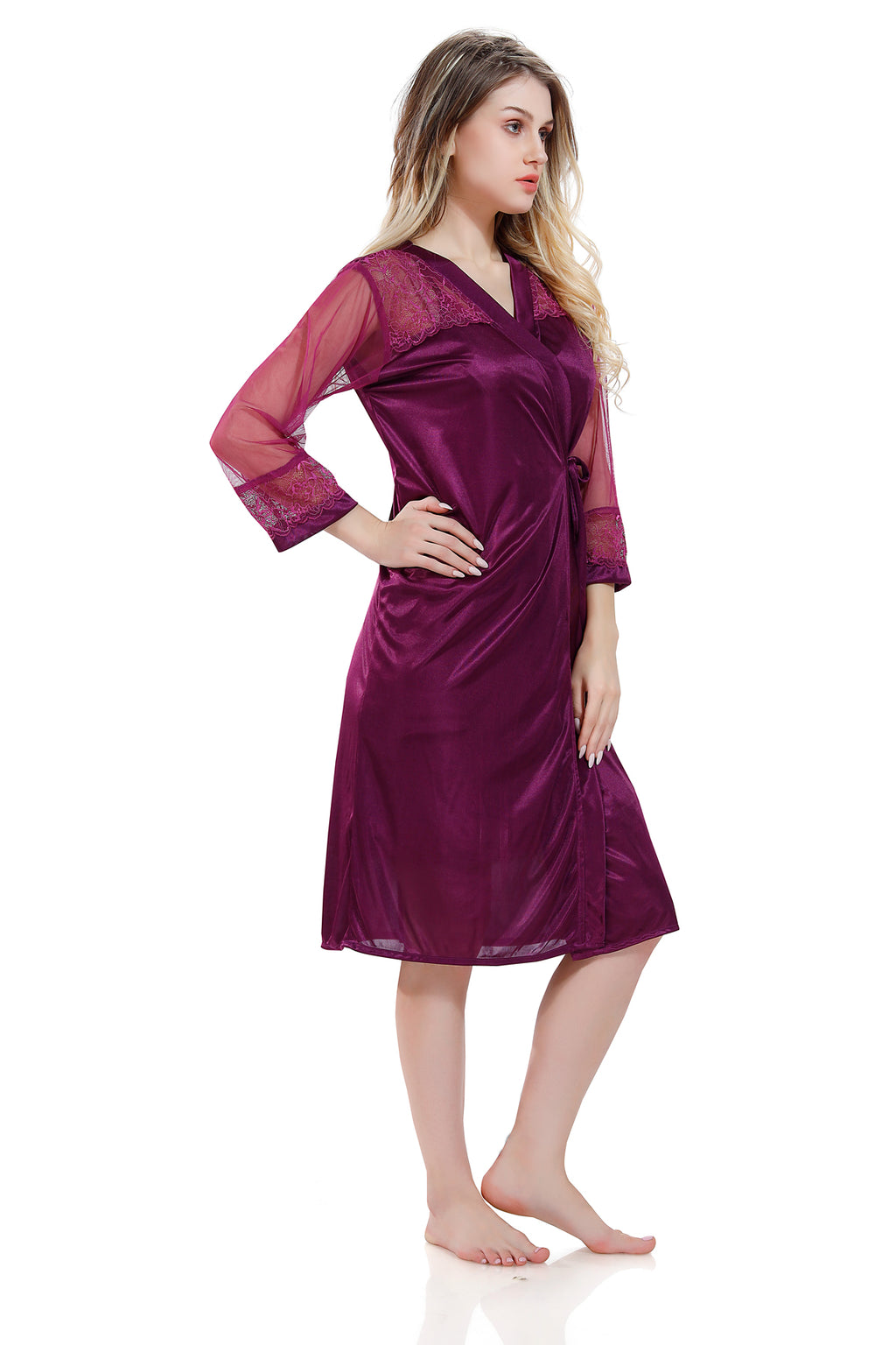 Purple Satin Solid Full Net Sleeves Robe for Women