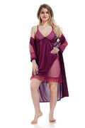 Purple Satin Solid Full Net Sleeves Nighty with Robe for Women