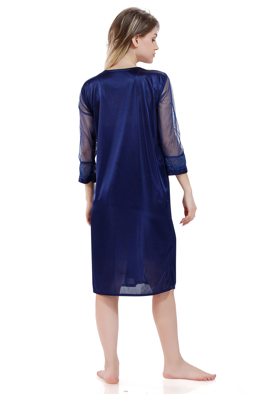 Navy Blue Satin Nighty & Robe Set with Full Net Sleeves for Women