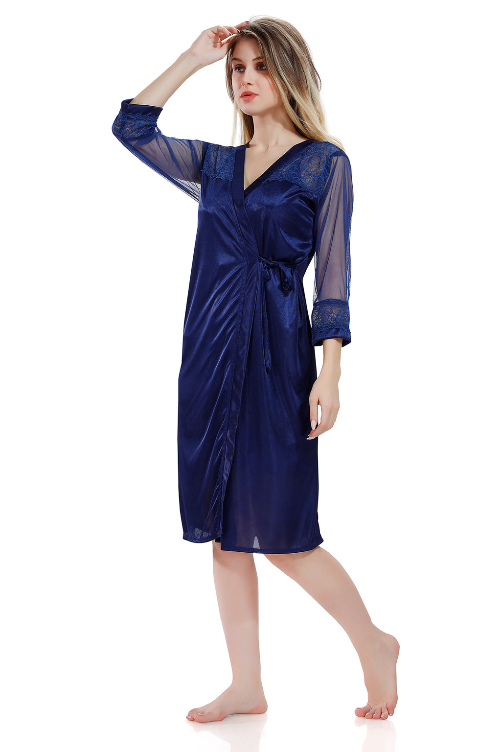 Navy Blue Satin Nighty & Robe Set with Full Net Sleeves for Women