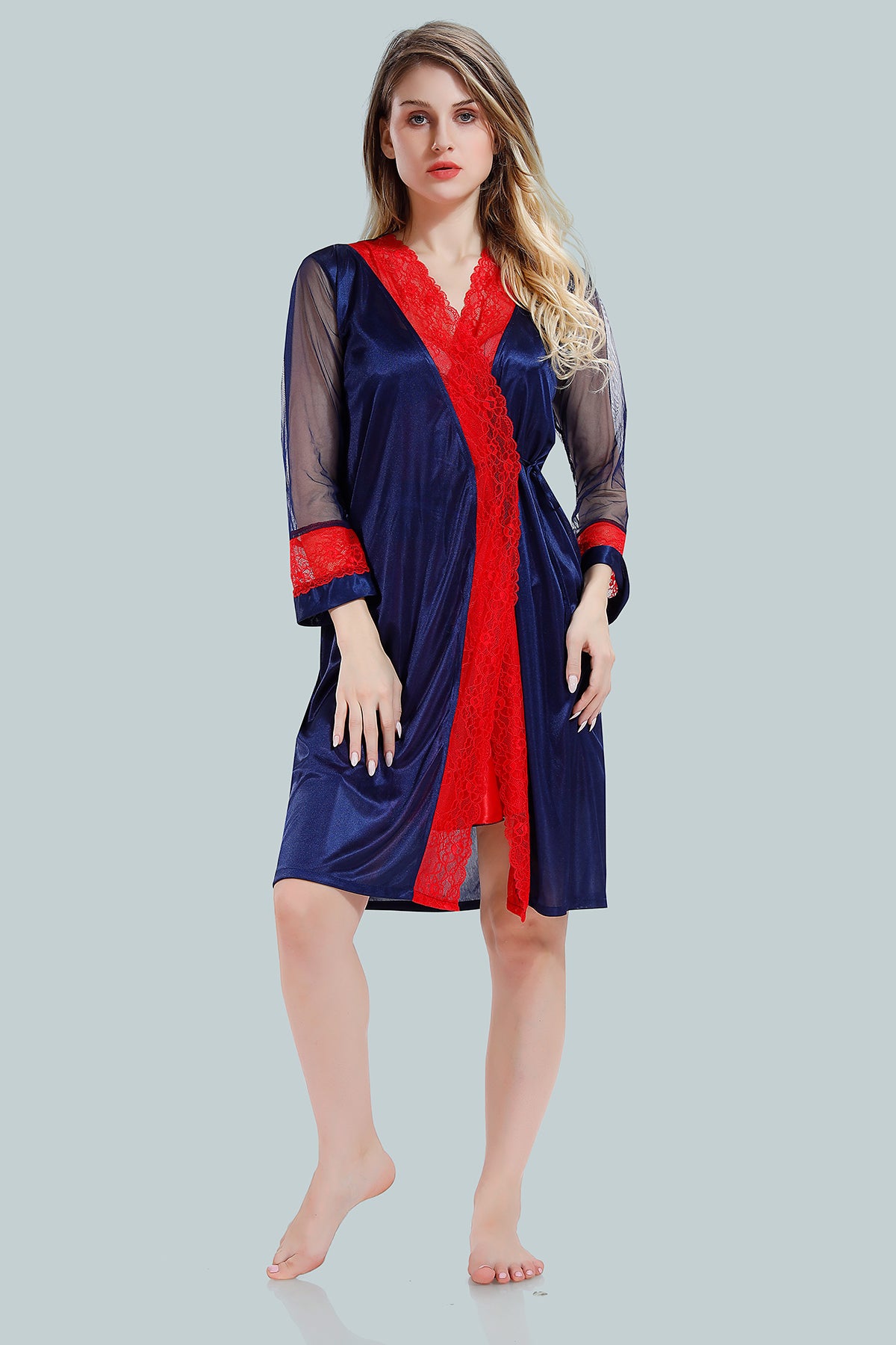 Red Satin Nighty with Sheer Robe Set