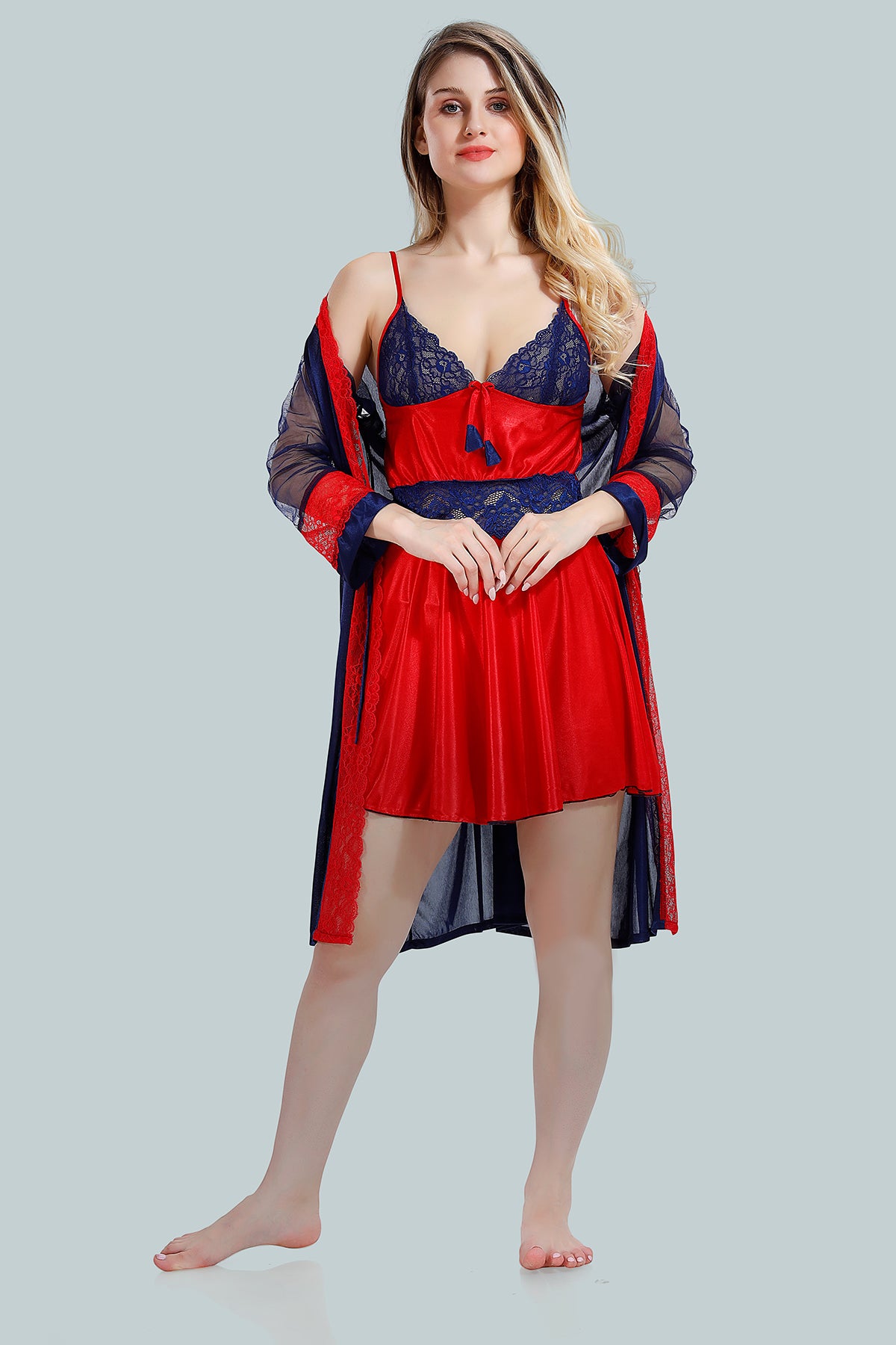 Red Satin Nighty with Sheer Robe Set