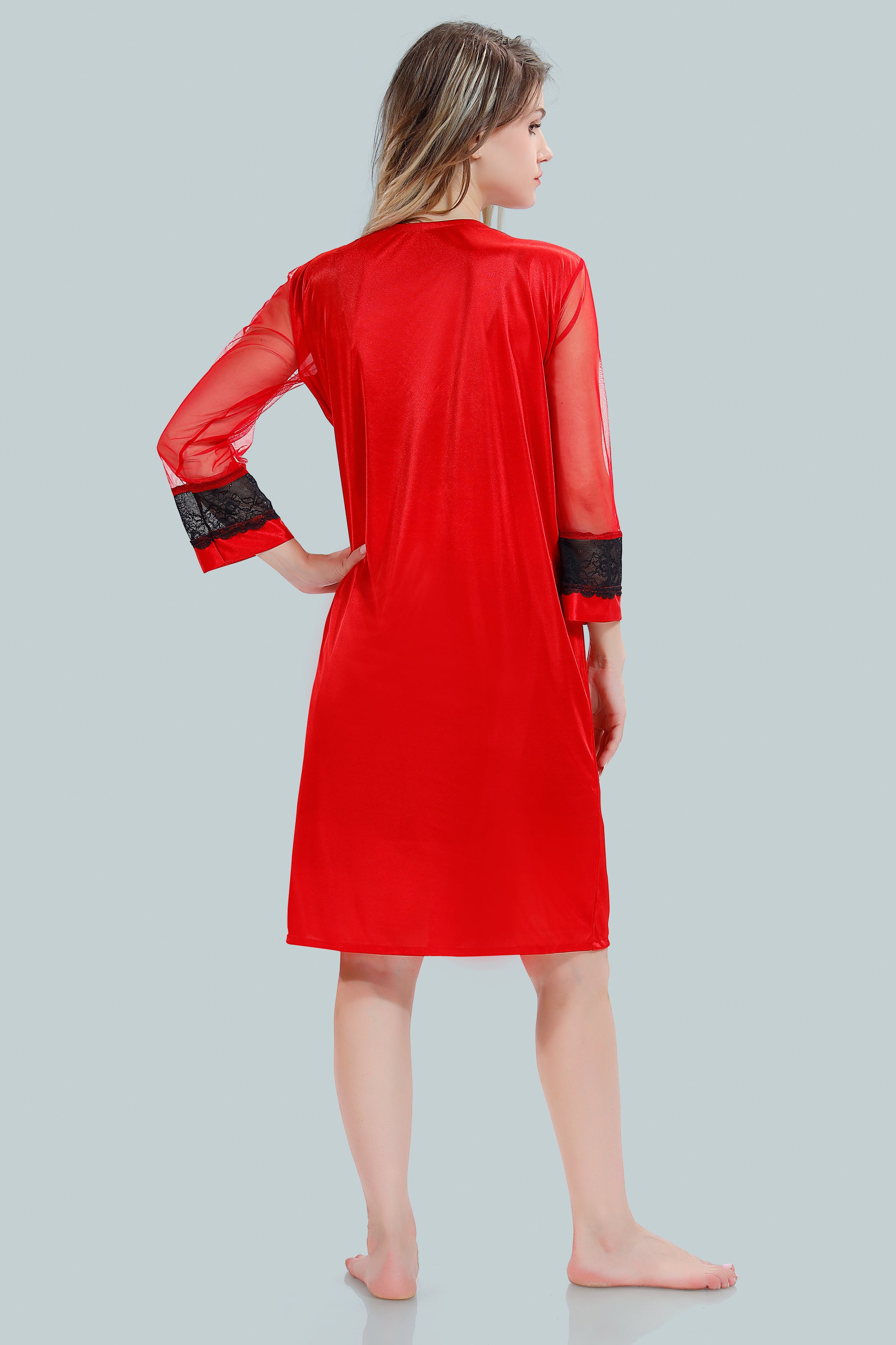 Red Satin Solid Full Net Sleeves Pack of 1 Nighty with Robe for Women