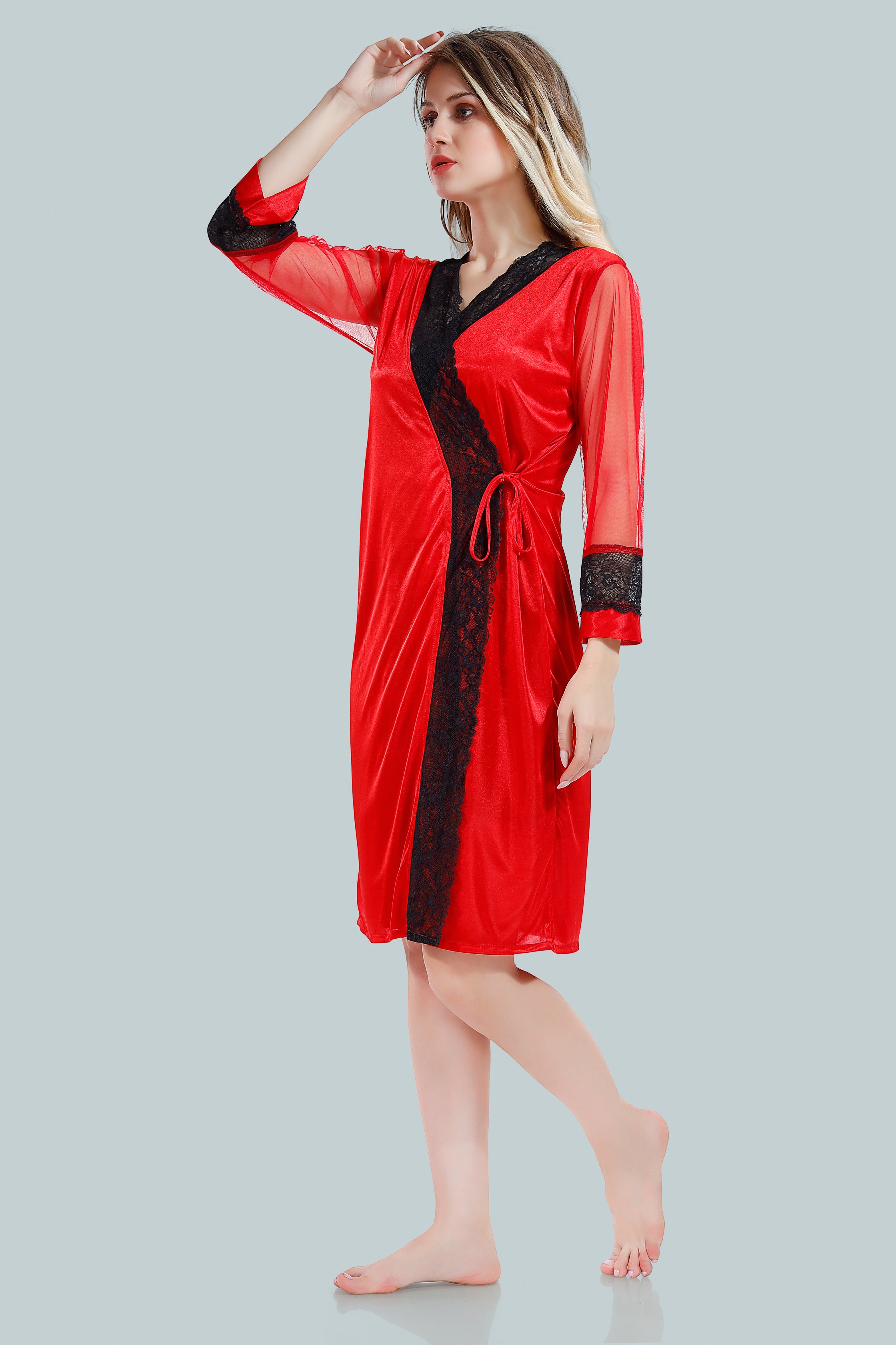 Red Satin Solid Full Net Sleeves Pack of 1 Nighty with Robe for Women
