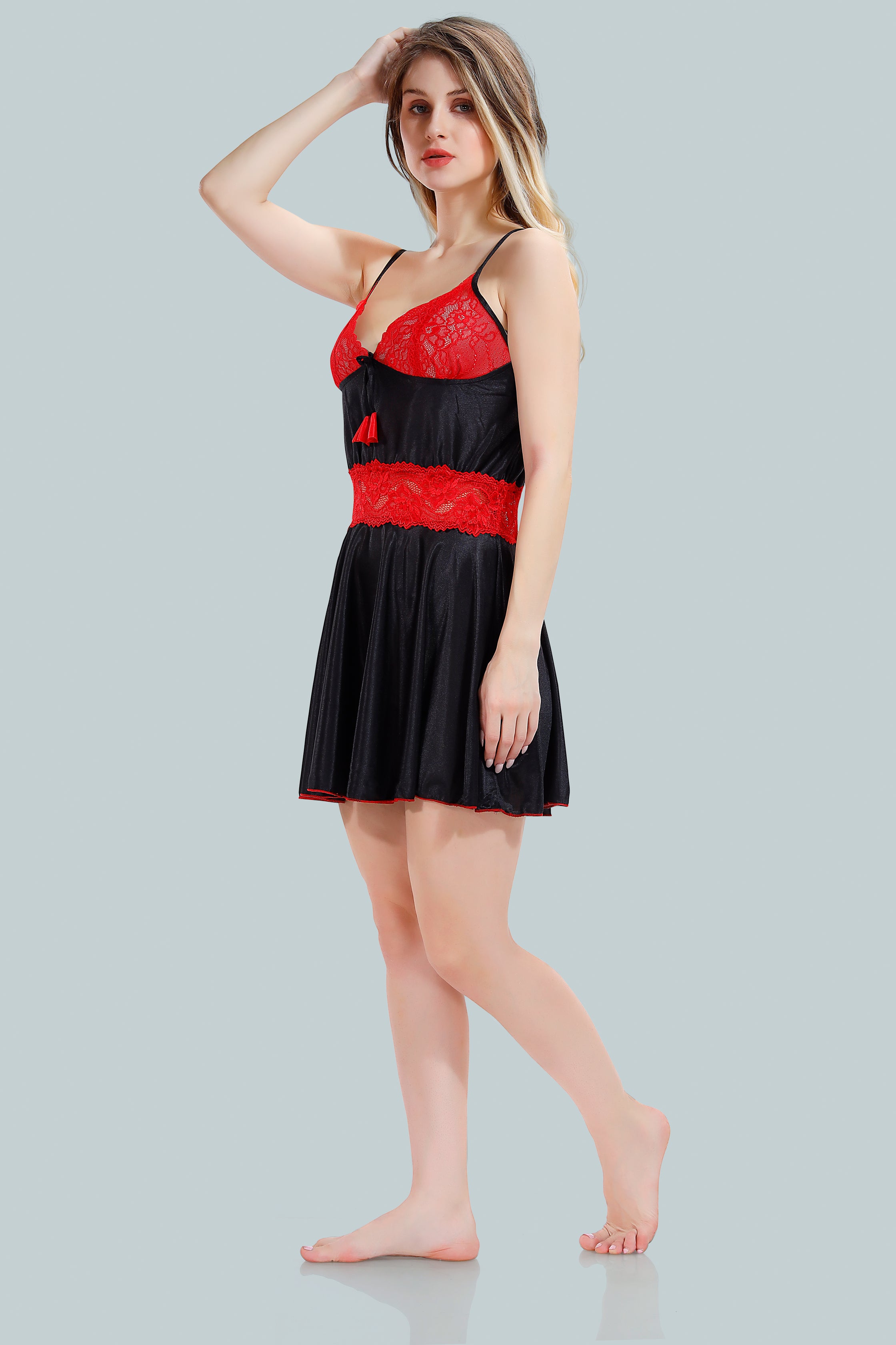 Red Satin Solid Full Net Sleeves Pack of 1 Nighty with Robe for Women