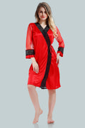 Red Satin Solid Full Net Sleeves Pack of 1 Nighty with Robe for Women