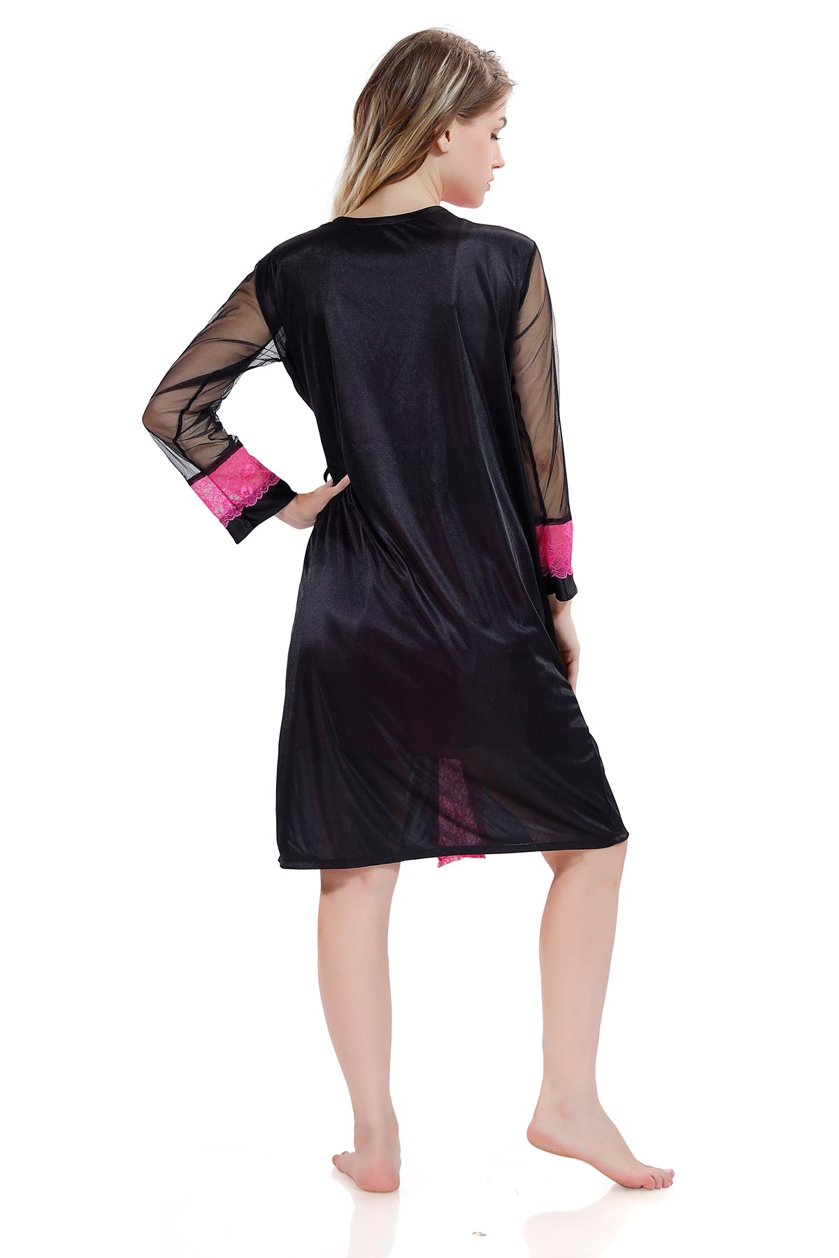 Black Pink Satin Nighty & Robe Set with Full Net Sleeves for Women