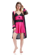 Black Pink Satin Nighty & Robe Set with Full Net Sleeves for Women