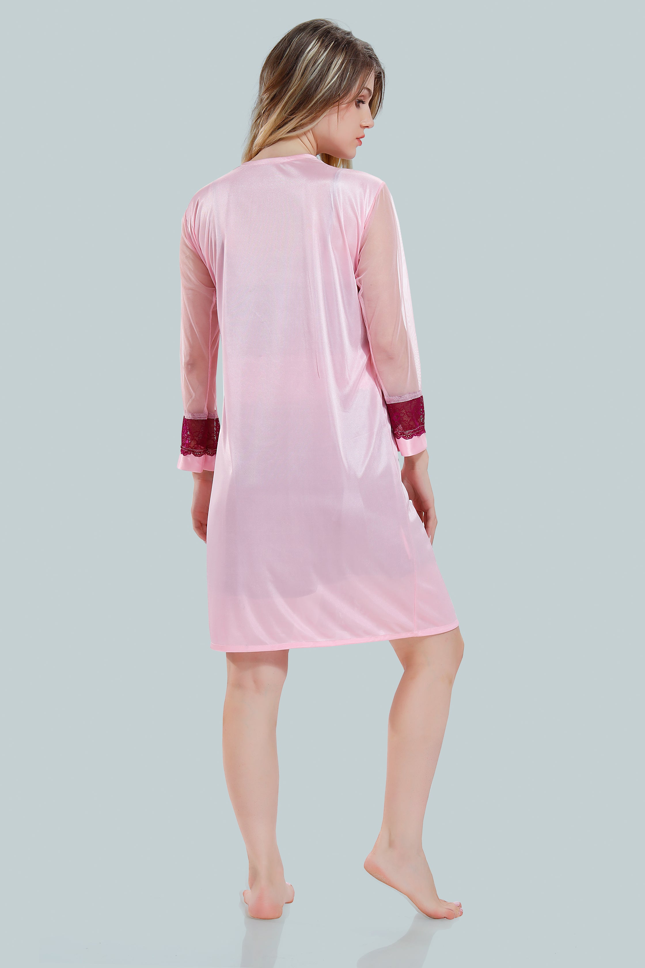 Baby Pink Satin Solid Full Net Sleeves Pack of 1 Nighty with Robe for Women