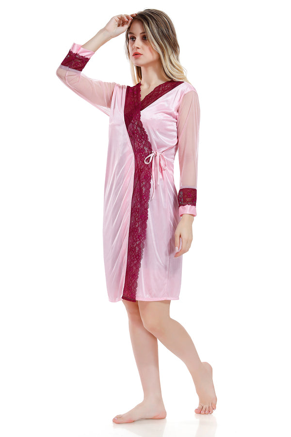 Baby Pink Satin Solid Full Net Sleeves Pack of 1 Nighty with Robe for Women
