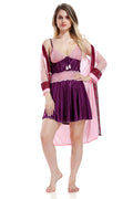 Baby Pink Satin Solid Full Net Sleeves Pack of 1 Nighty with Robe for Women