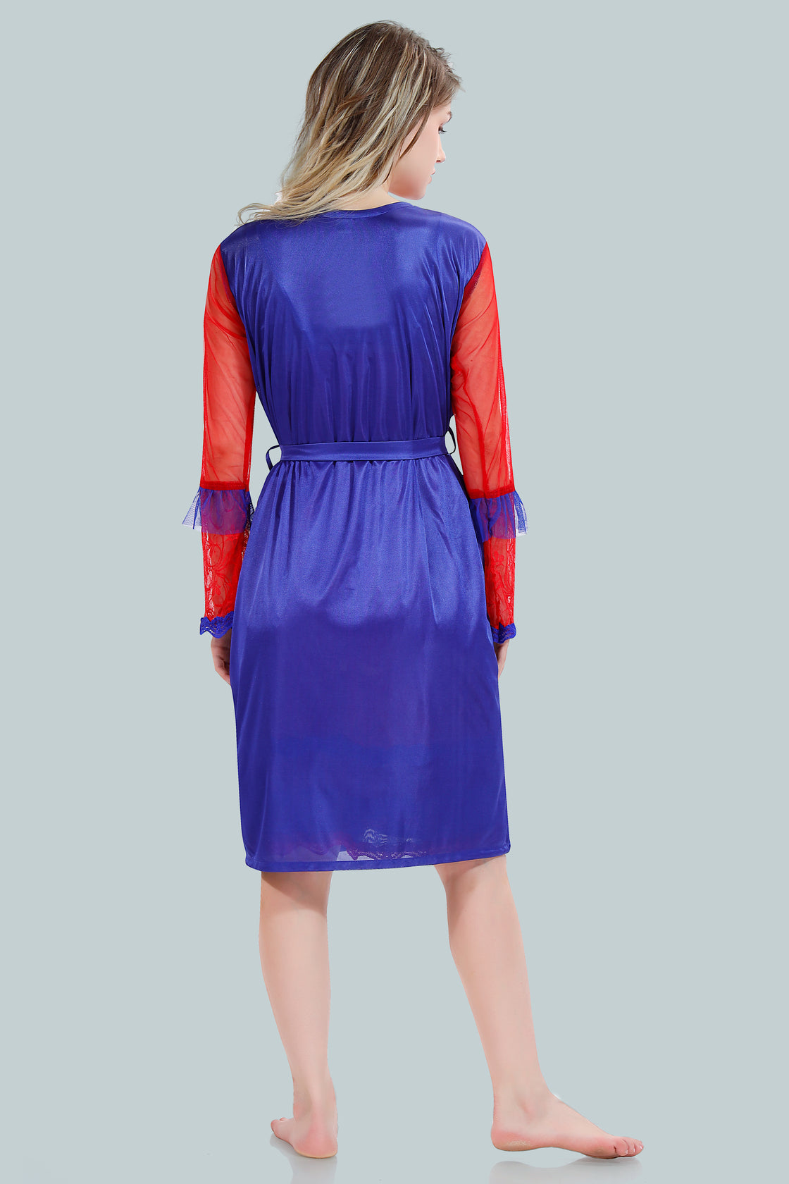 Red Satin Nighty with Net Robe Set