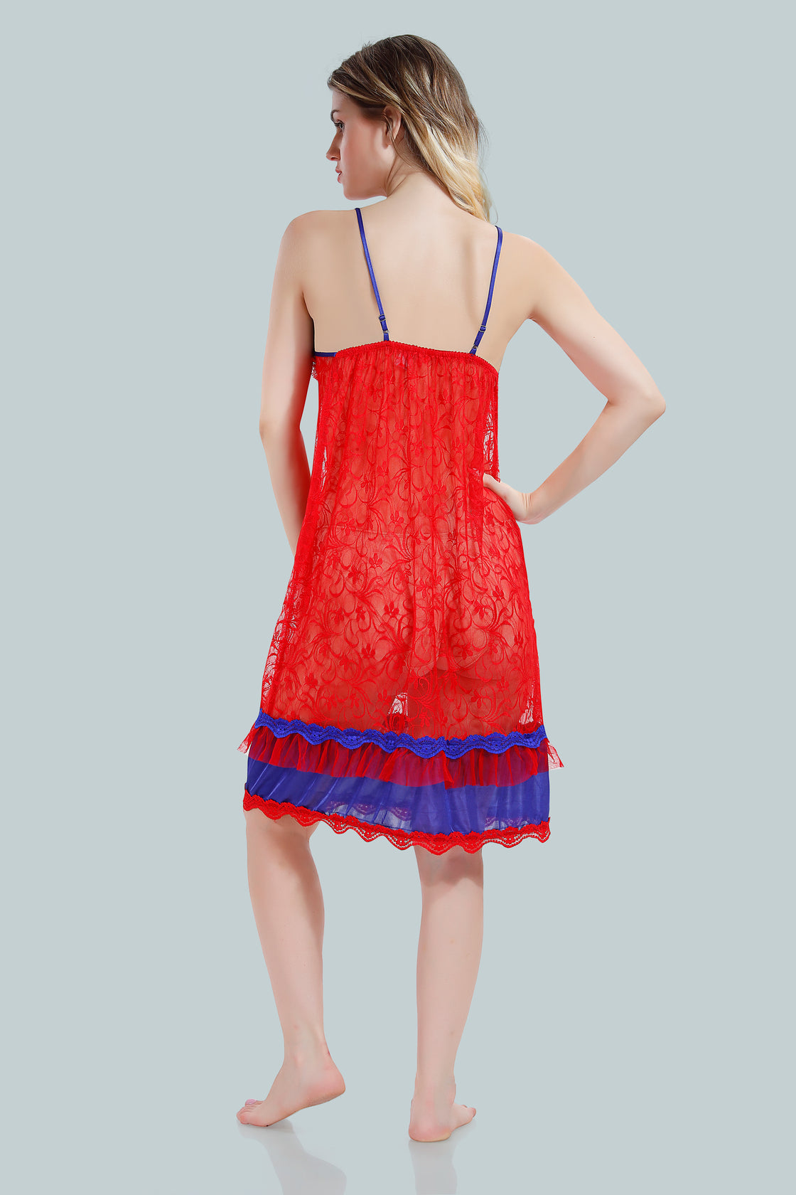 Red Satin Nighty with Net Robe Set