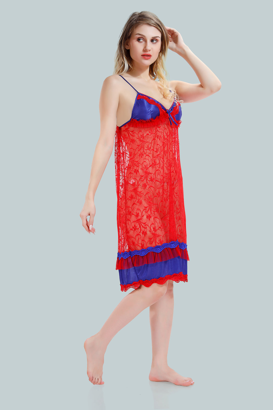 Red Satin Nighty with Net Robe Set